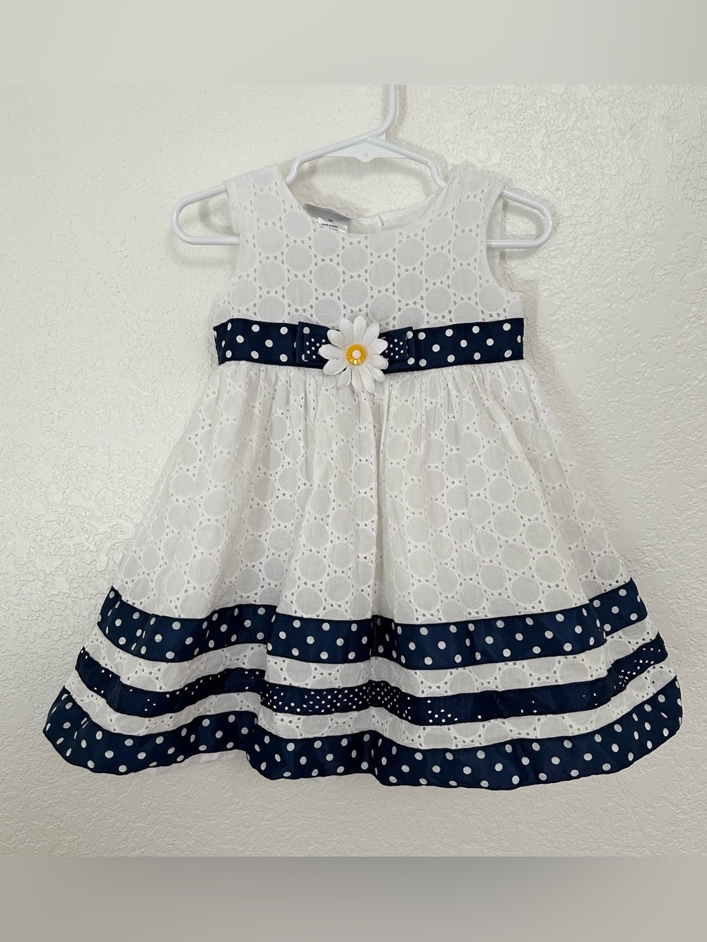 Baby Girl Formal Sleeveless White and Navy Polka Dot Eyelet Party Dress